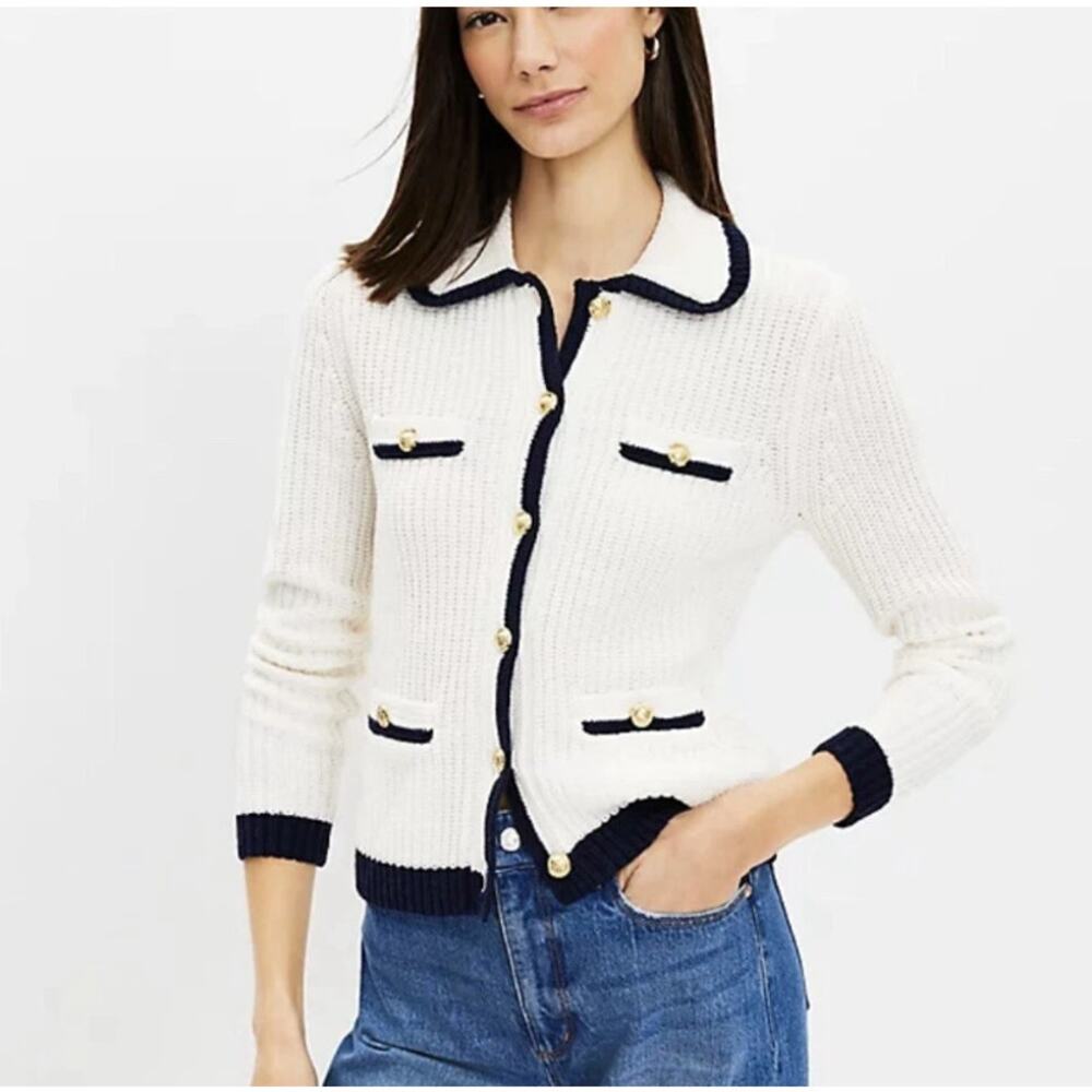 Loft Petite Tipped Ribbed Button Up Sweater Cardigan White Size Small‎